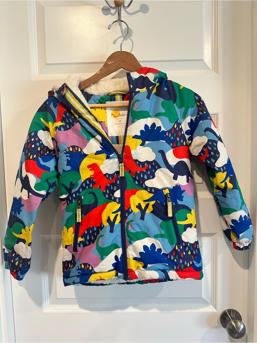 Mini Boden Girls Dinosaur Print Sherpa Lined Hooded Jacke - EUC - Picture 3 of 8